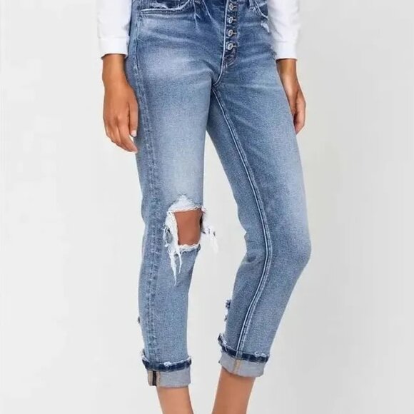 High Rise Button Fly Cuffed Boyfriend Jean - Picture 1 of 4